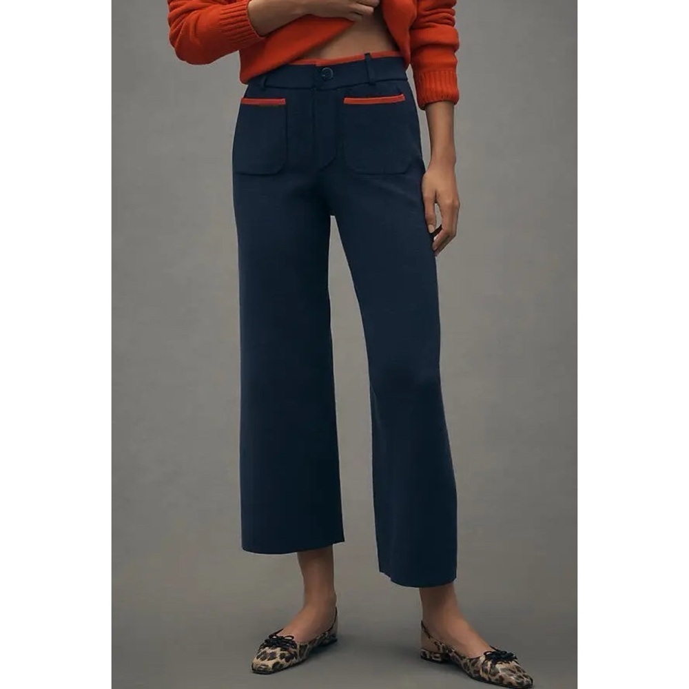 New Anthropologie The Colette Sweater Knit Wide-Leg Pants Navy Blue Large